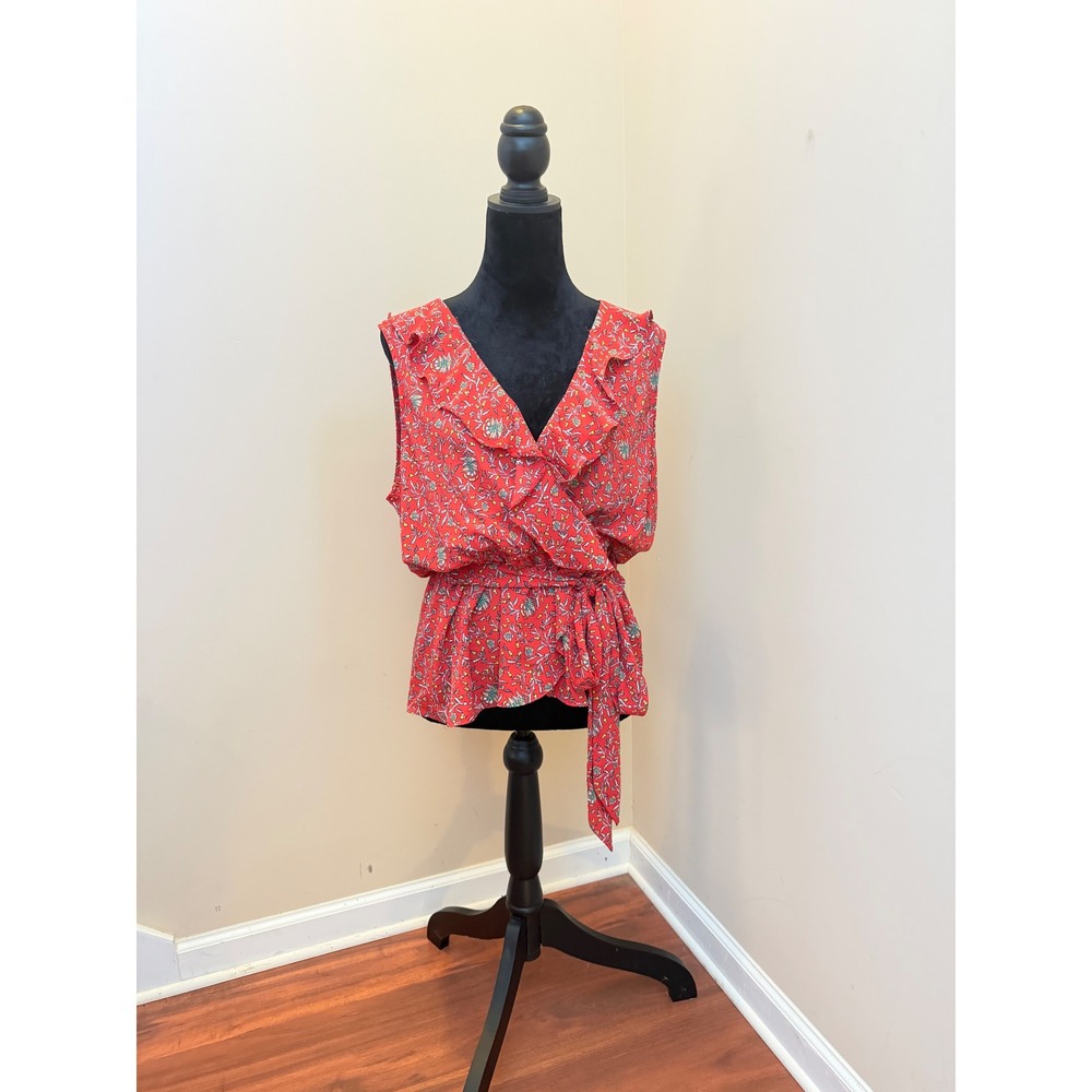 Max Studio Red Floral Ruffle Wrap Peplum Top Sleeveless XL 8704D38